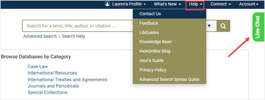 image of help options in HeinOnline