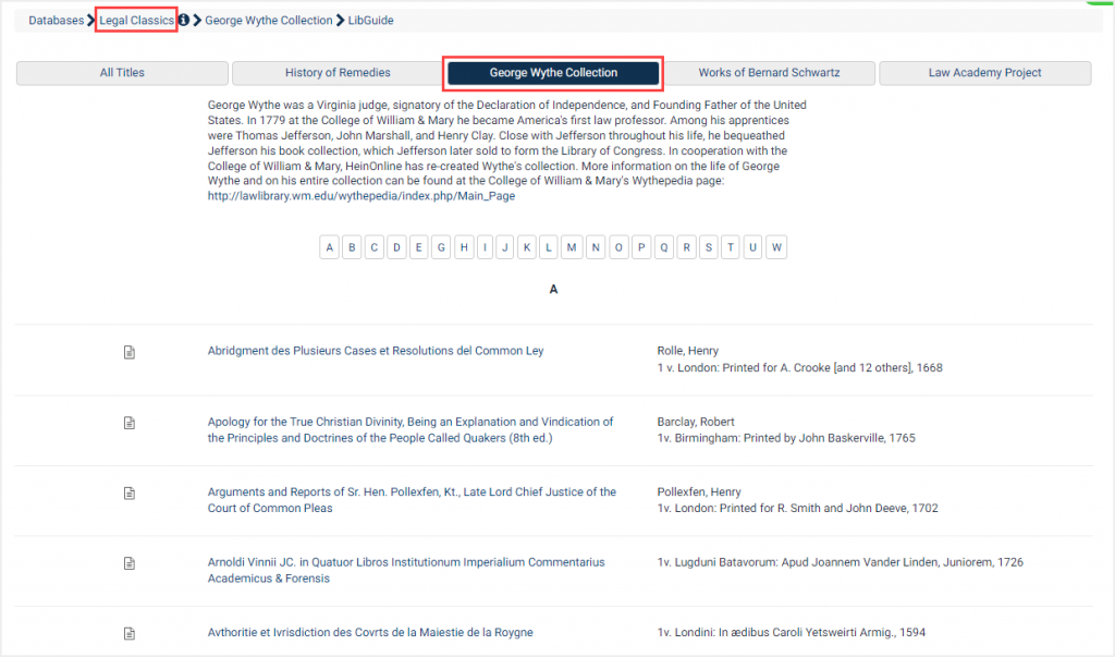 screenshot of George Wythe Collection in HeinOnline's Legal Classics database