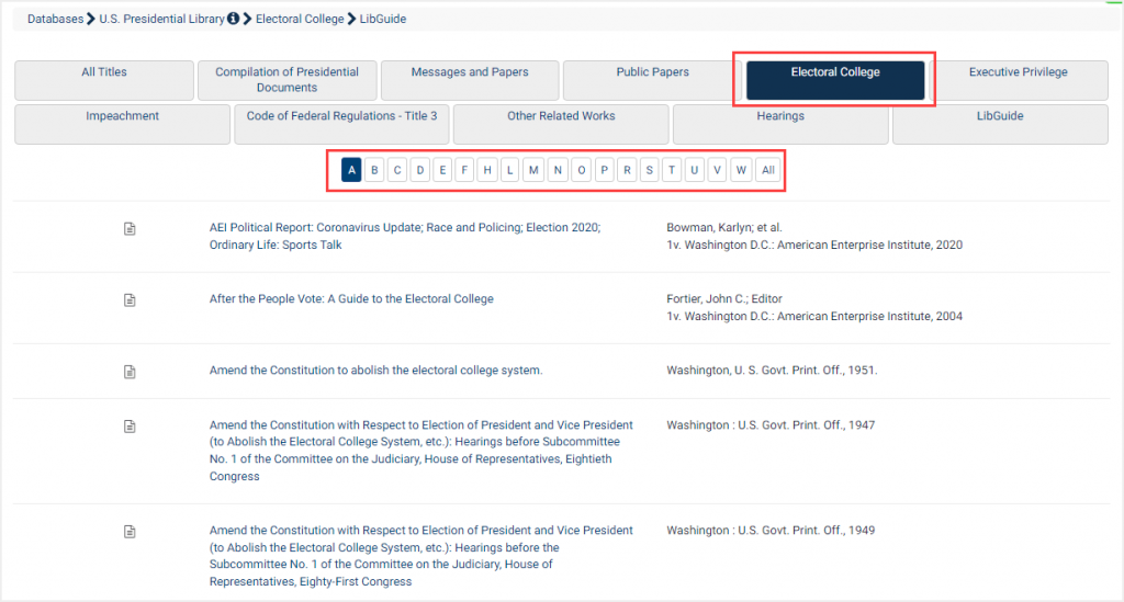 screenshot of Electoral College subcollection in U.S. Presidential Library