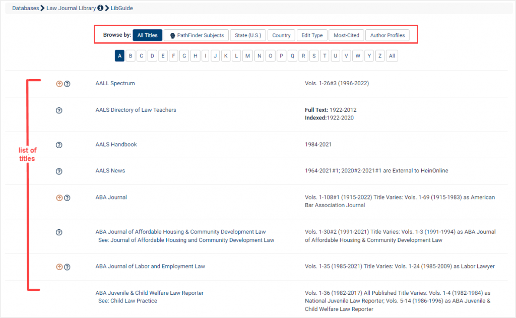 screenshot of Law Journal Library highlighting browse by options and list of titles