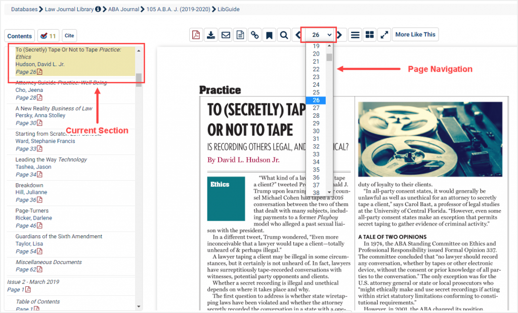 screenshot of article in Law Journal Library highlighting page navigation