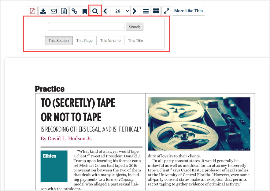 screenshot of article in Law Journal Library highlighting search function