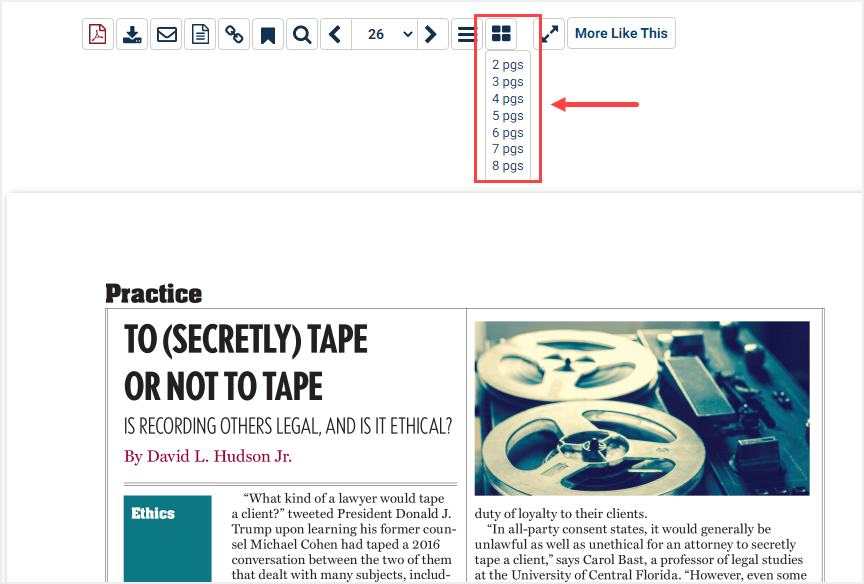 screenshot of article in Law Journal Library highlighting multi-page view option