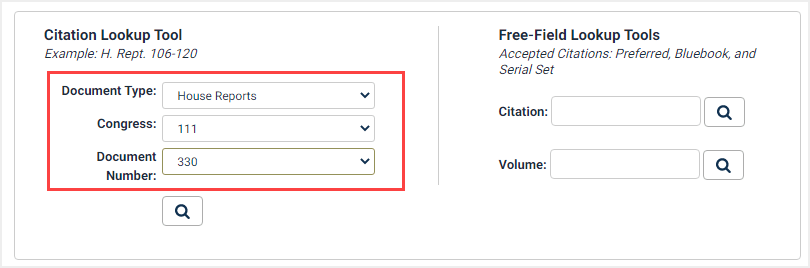 screenshot of citation lookup tool in U.S. Congressional Serial Set