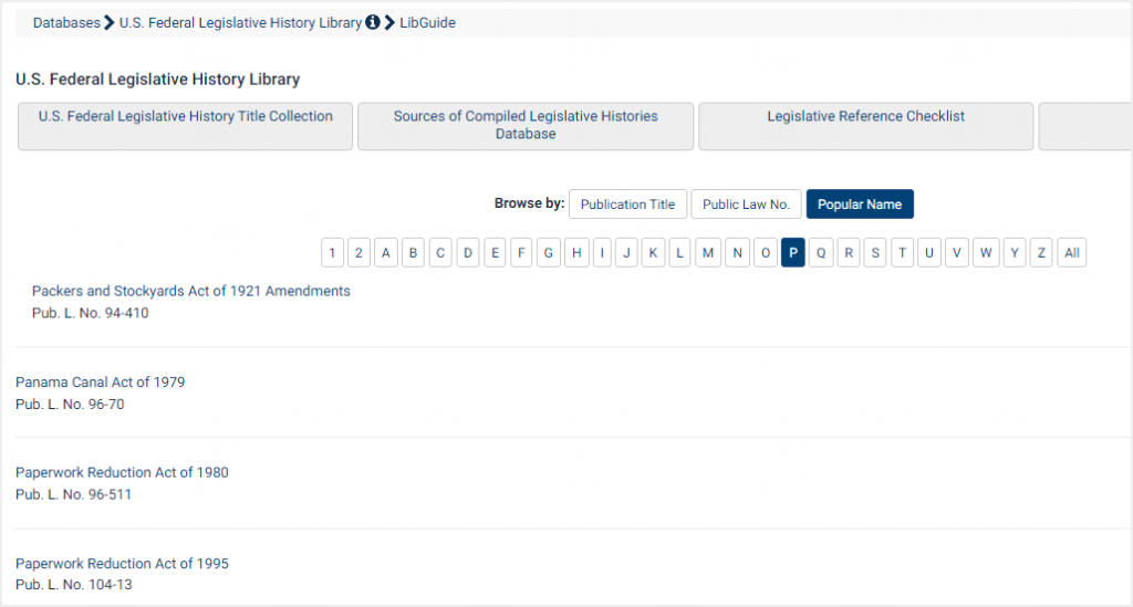 screenshot of browse by Popular Name in U.S. Federal Legislative History Library