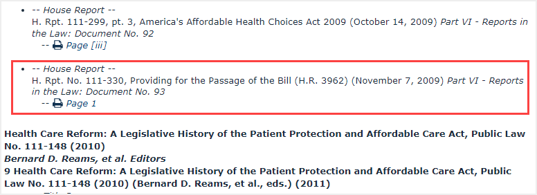 screenshot of House Report listing in legislative history