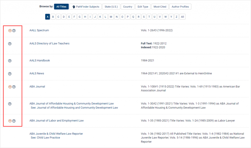 screenshot of title listing in HeinOnline highlighting icons