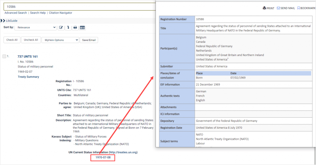 screenshot of current status of treaty