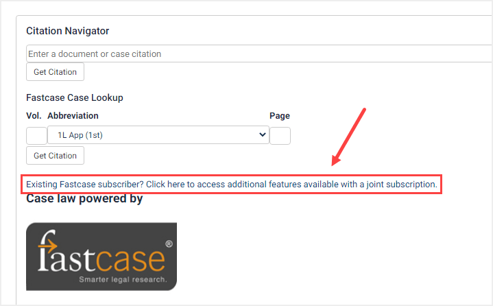 screenshot of Citation Navigator highlighting Fastcase integration link