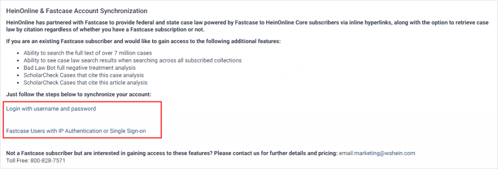 screenshot of options for synchronizing HeinOnline and Fastcase accounts