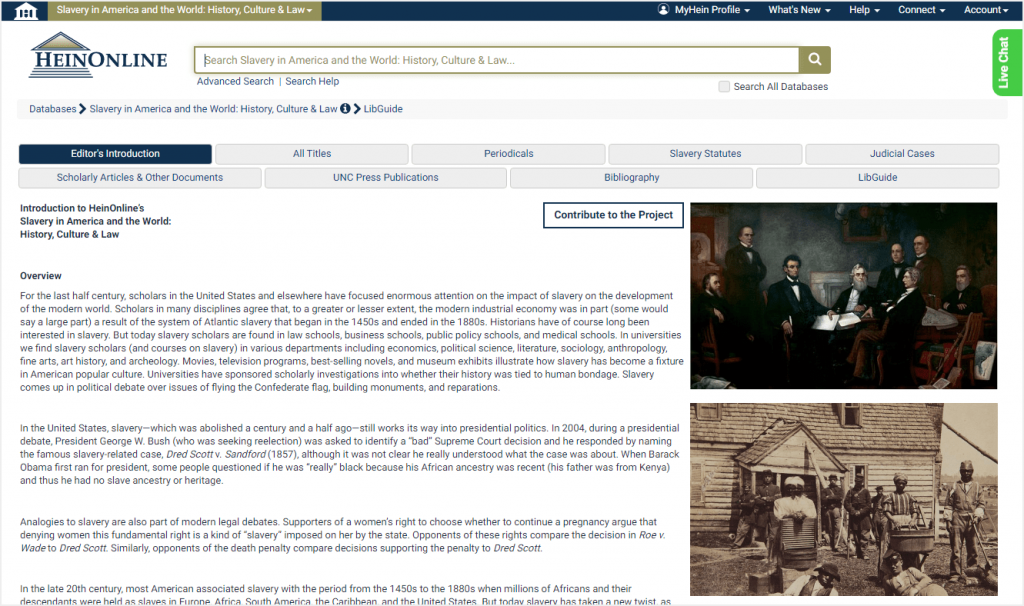 screenshot of Slavery in America and the World database homepage