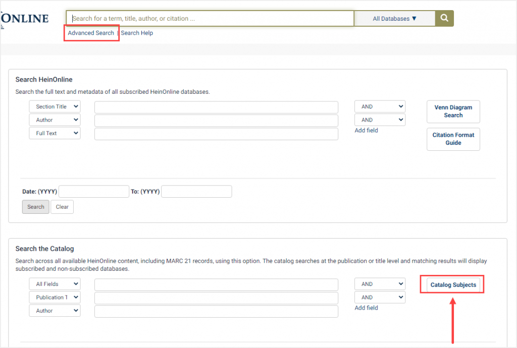 screenshot of Advanced Search featuring Catalog Subjects option