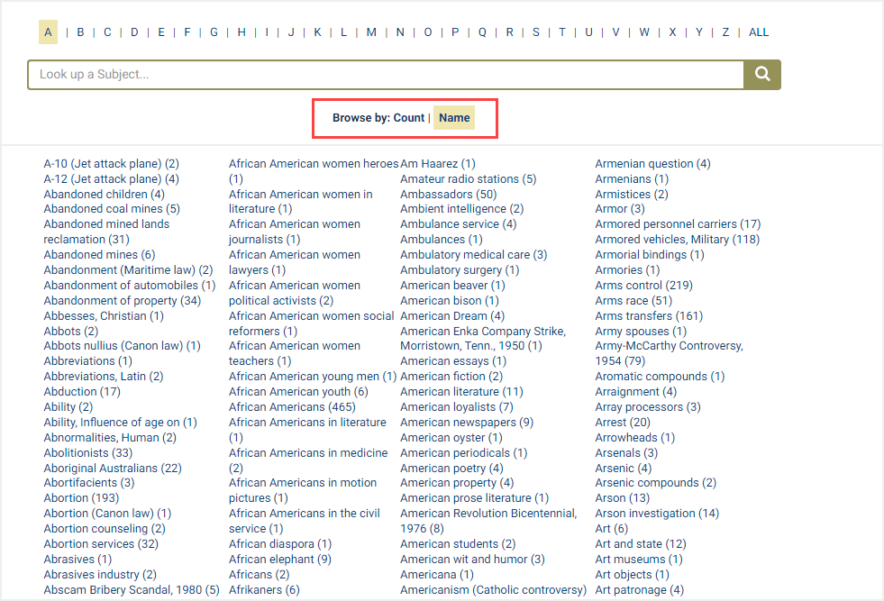 screenshot of Subjects featuring Browse By options