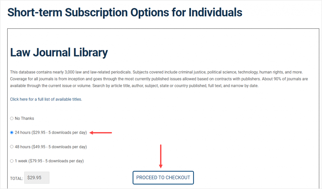 screenshot of short-term subscription selection page