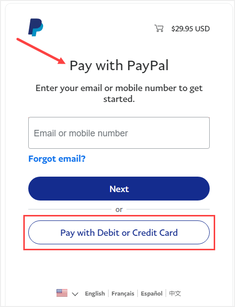 screenshot of PayPal page with option to pay with debit or credit card
