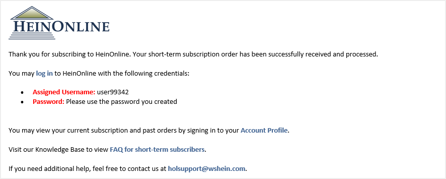 screenshot of HeinOnline confirmation email