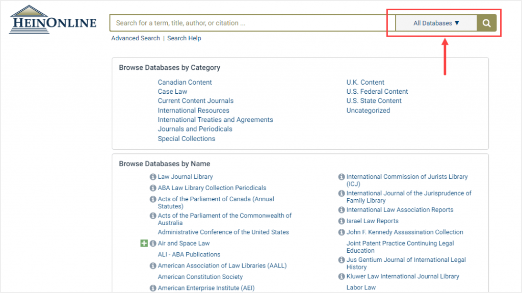 screenshot of HeinOnline welcome page highlighting "All Databases" button