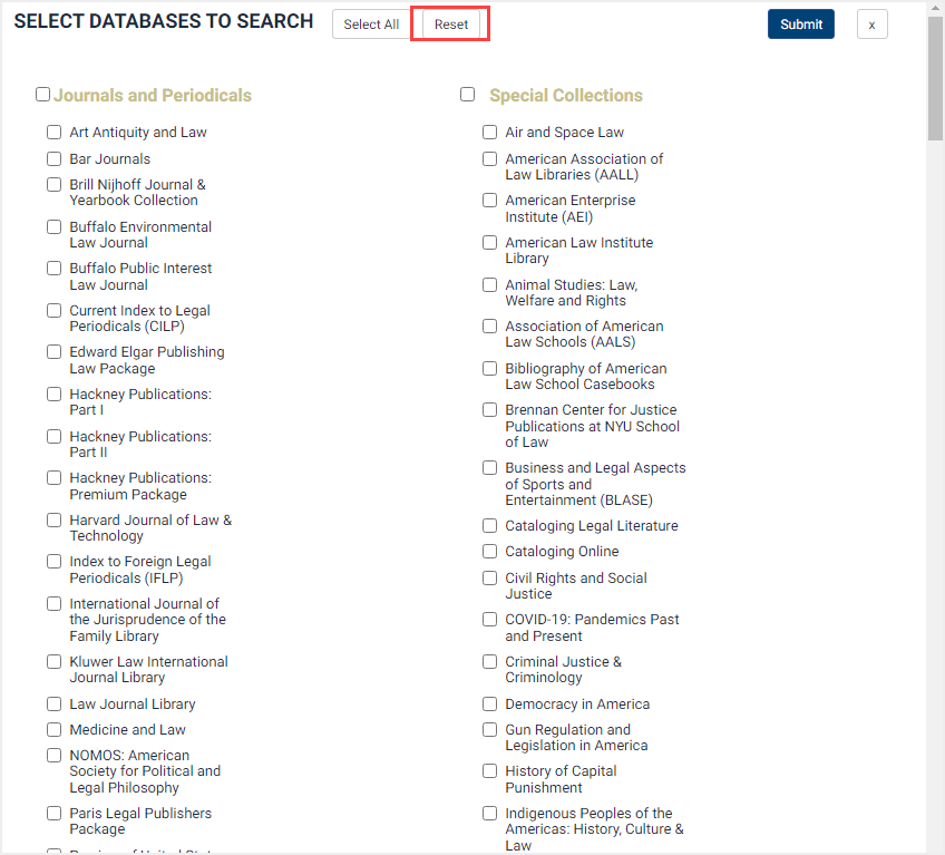 screenshot of database selector tool highlighting Reset button