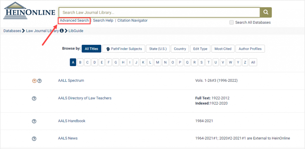 screenshot of Law Journal Library highlighting Advanced Search option