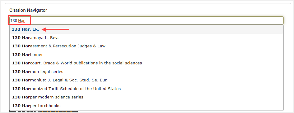 screenshot of Citation Navigator tool highlighting autofill drop-down