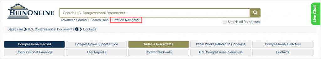 screenshot of U.S. Congressional Documents database highlighting Citation Navigator