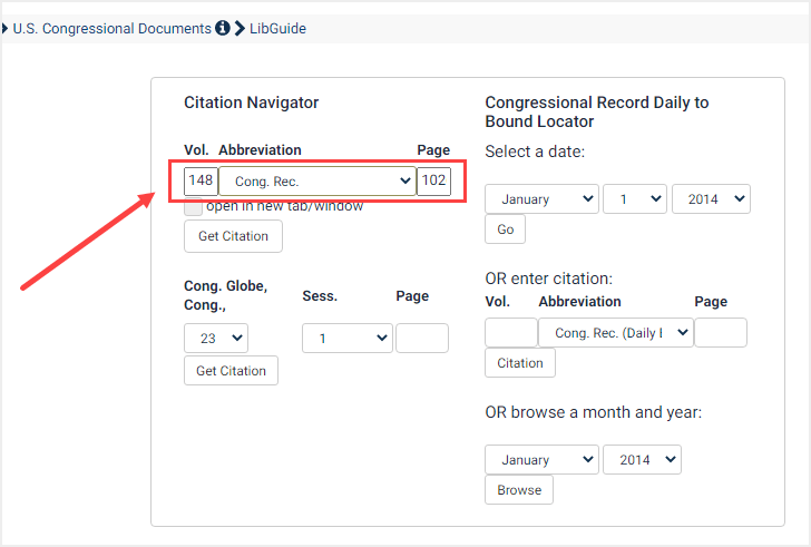 screenshot of Citation Navigator with U.S. Congressional Documents citation filled in