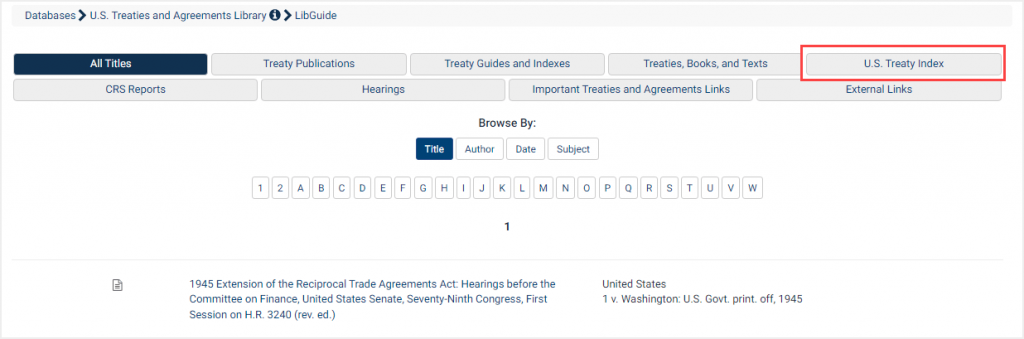 screenshot of U.S. Treaties & Agreements Library highlighting U.S. Treaty Index subcollection