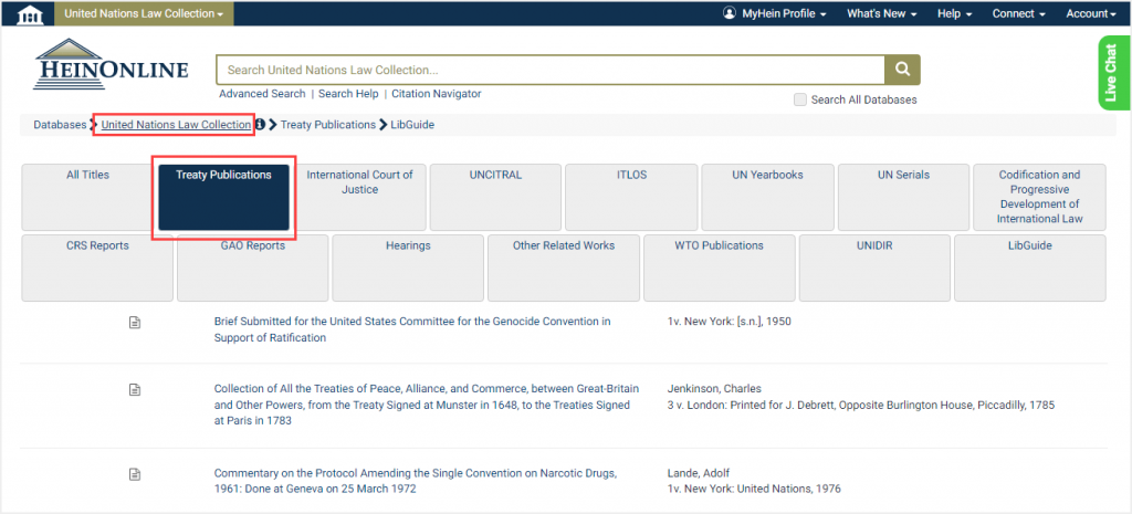 screenshot of United Nations Law Collection highlighting Treaty Publications subcollection