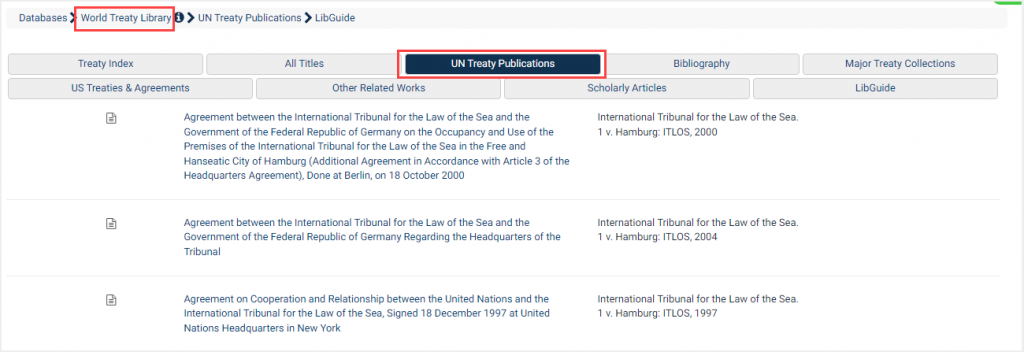 screenshot of World Treaty Library highlighting UN Treaty Publications subcollection