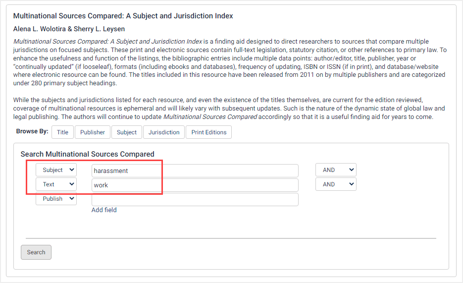 screenshot of search in Multinational Sources Compared search fields