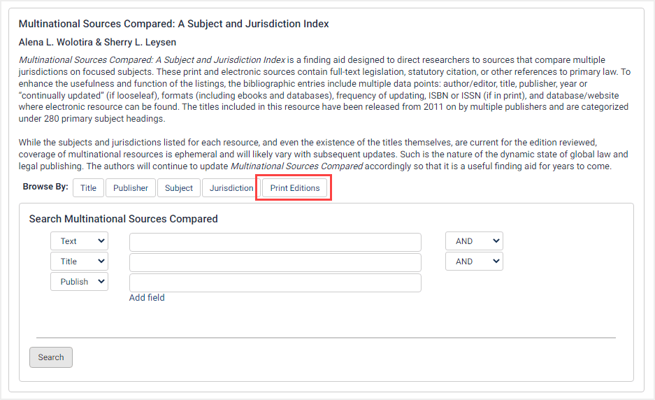 screenshot of Multinational Sources Compared homepage highlighting Print Editions option