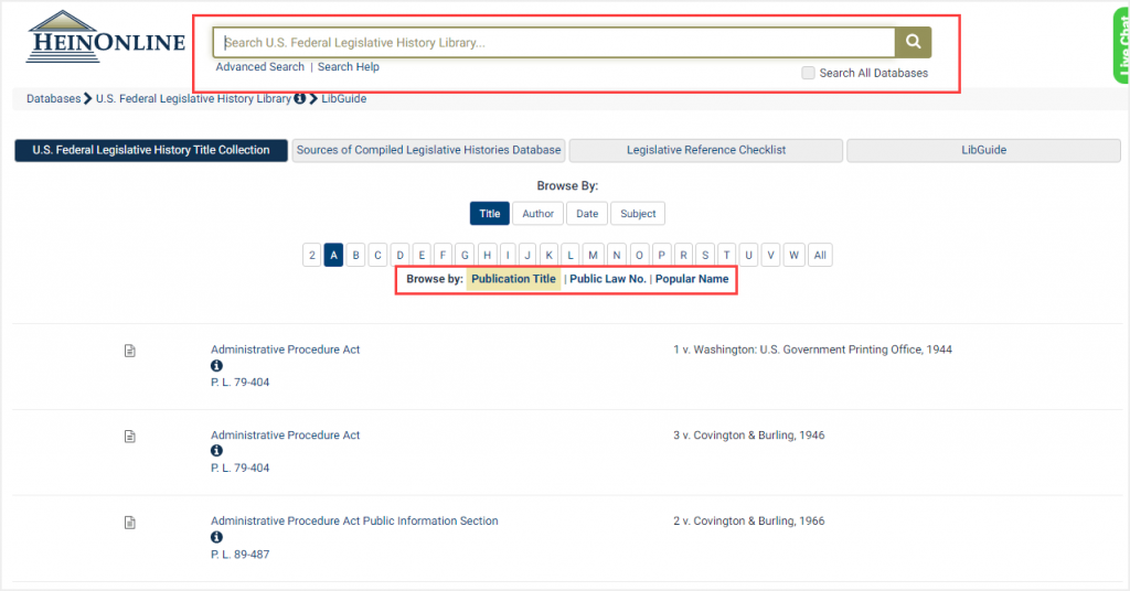 screenshot of U.S. Federal Legislative History Library homepage