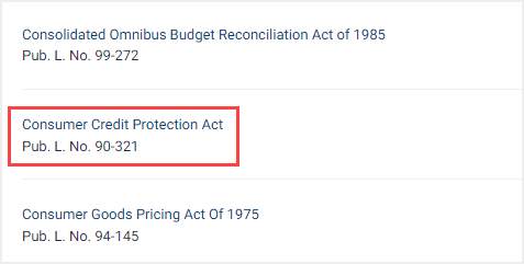 screenshot of Consumer Credit Protection Act listing