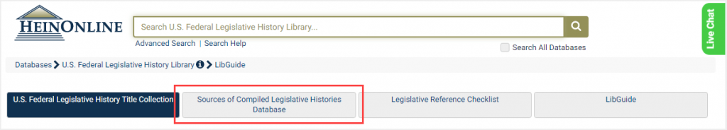 screenshot of Sources of Co0mpiled Legislative Histories