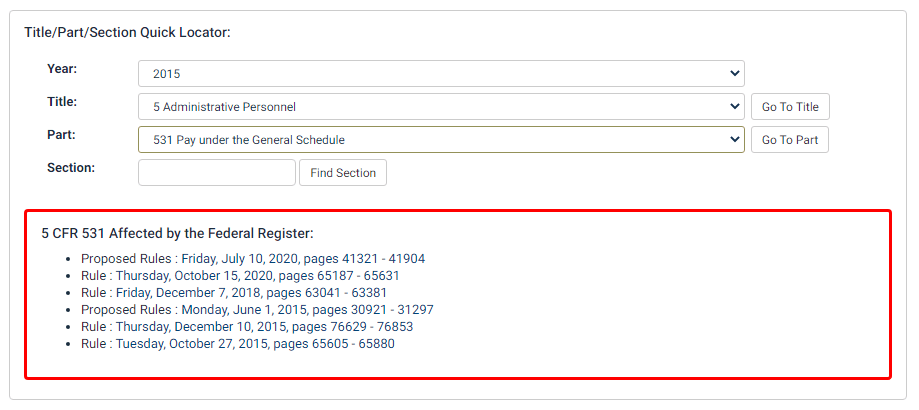 screenshot of Title/Part/Section Quick Locator Tool in CFR with sections affected listed