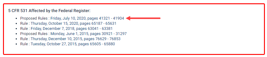 screenshot of CFR sections affected highlighting links