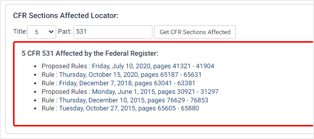 screenshot of CFR Sections Affected Locator tool