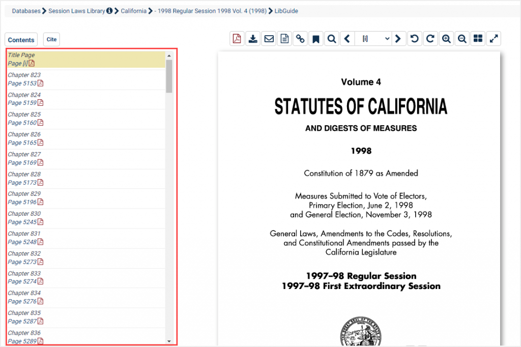 screenshot of volume of California Session Laws highlighting indexed chapters