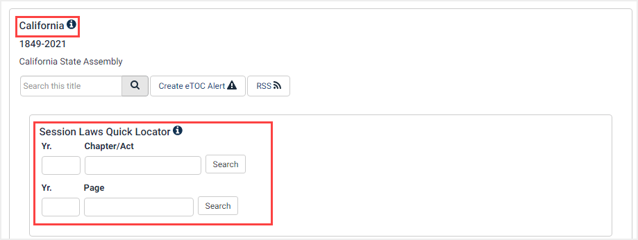 screenshot of Session Laws Quick Locator tool on state page