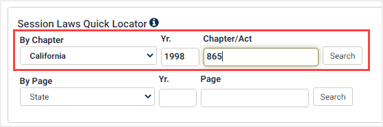 screenshot of Session Laws Quick Locator tool on Session Laws Library homepage