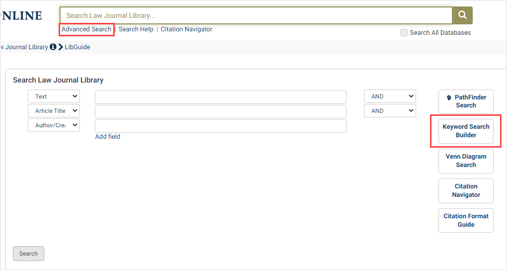 screenshot of Advanced Search in Law Journal Library highlighting Keyword Search Builder option