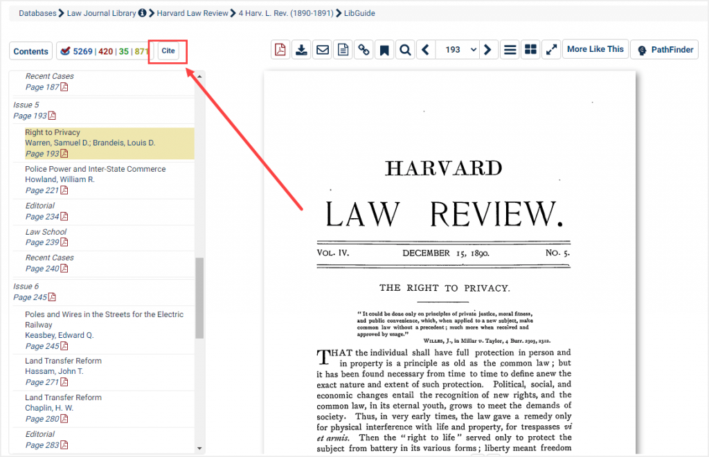 screenshot of document in HeinOnline highlighting Cite button