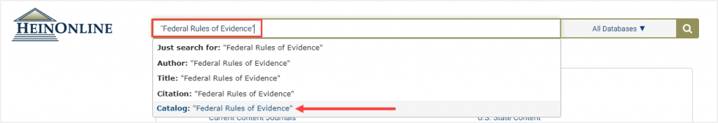 screenshot of one-box search for "Federal Rules of Evidence" highlighting Catalog drop-down