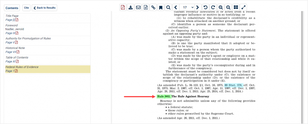 screenshot of Rule 802 in Federal Rules of Evidence