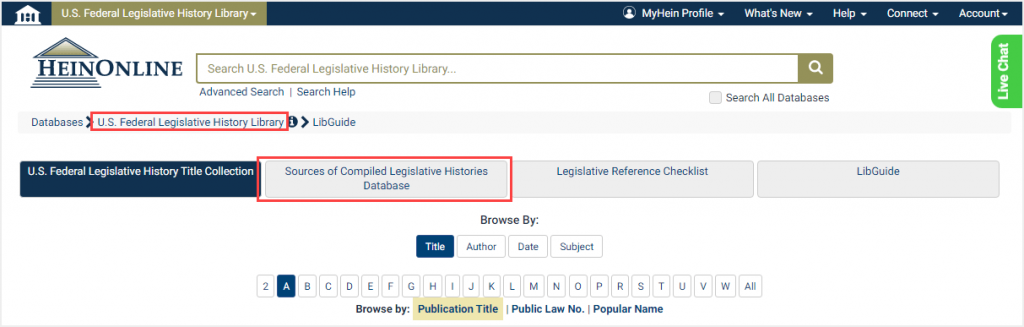 screenshot of U.S. Federal Legislative History database highlighting Sources of Compiled Legislative Histories Database