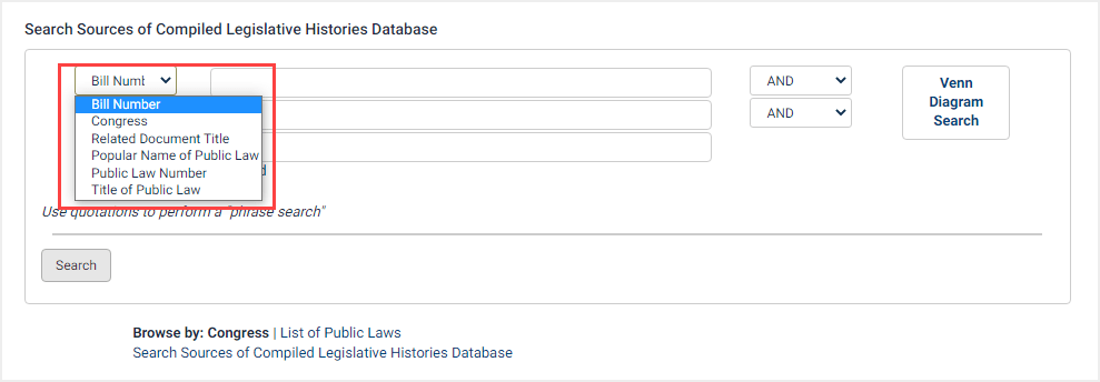 screenshot of search tool in Sources of Compiled Legislative Histories Database