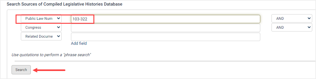 screenshot of search for Public Law Number 103-322 in Sources of Compiled Legislative Histories Database