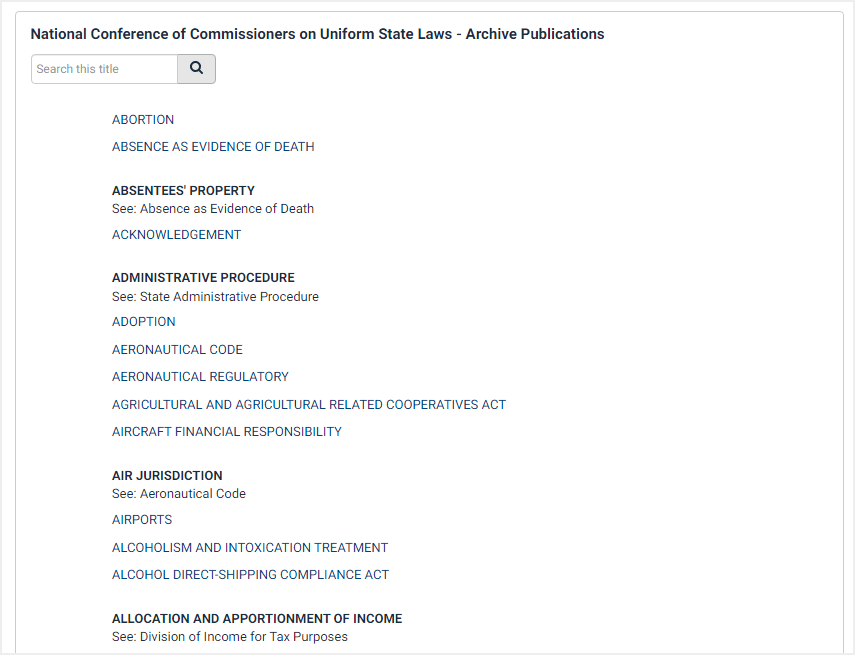 screenshot of National Conference of Commissioners on Uniform State Laws main page