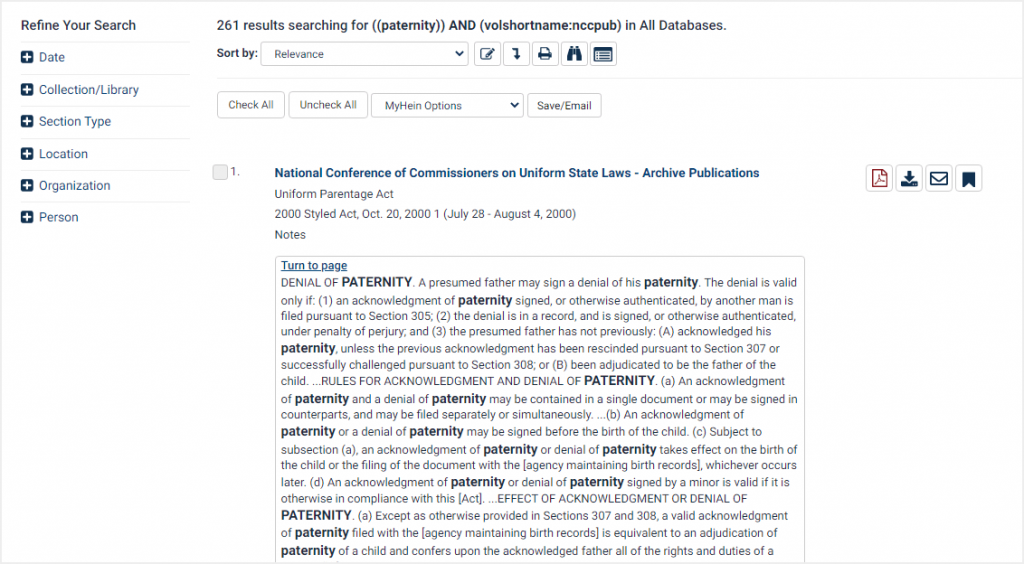 screenshot of search results in National Conference of Commissioners on Uniform State Laws