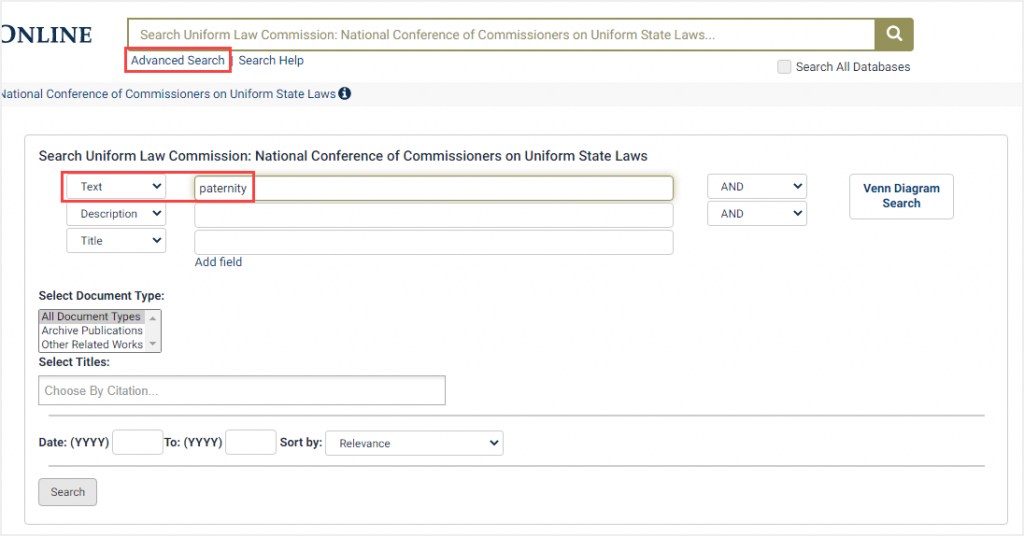 screenshot of advanced search in National Conference of Commissioners on Uniform State Laws